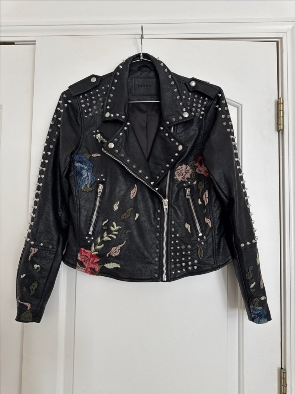 Blank NYC Black Studded Floral Embroidered Leather Moto Jacket